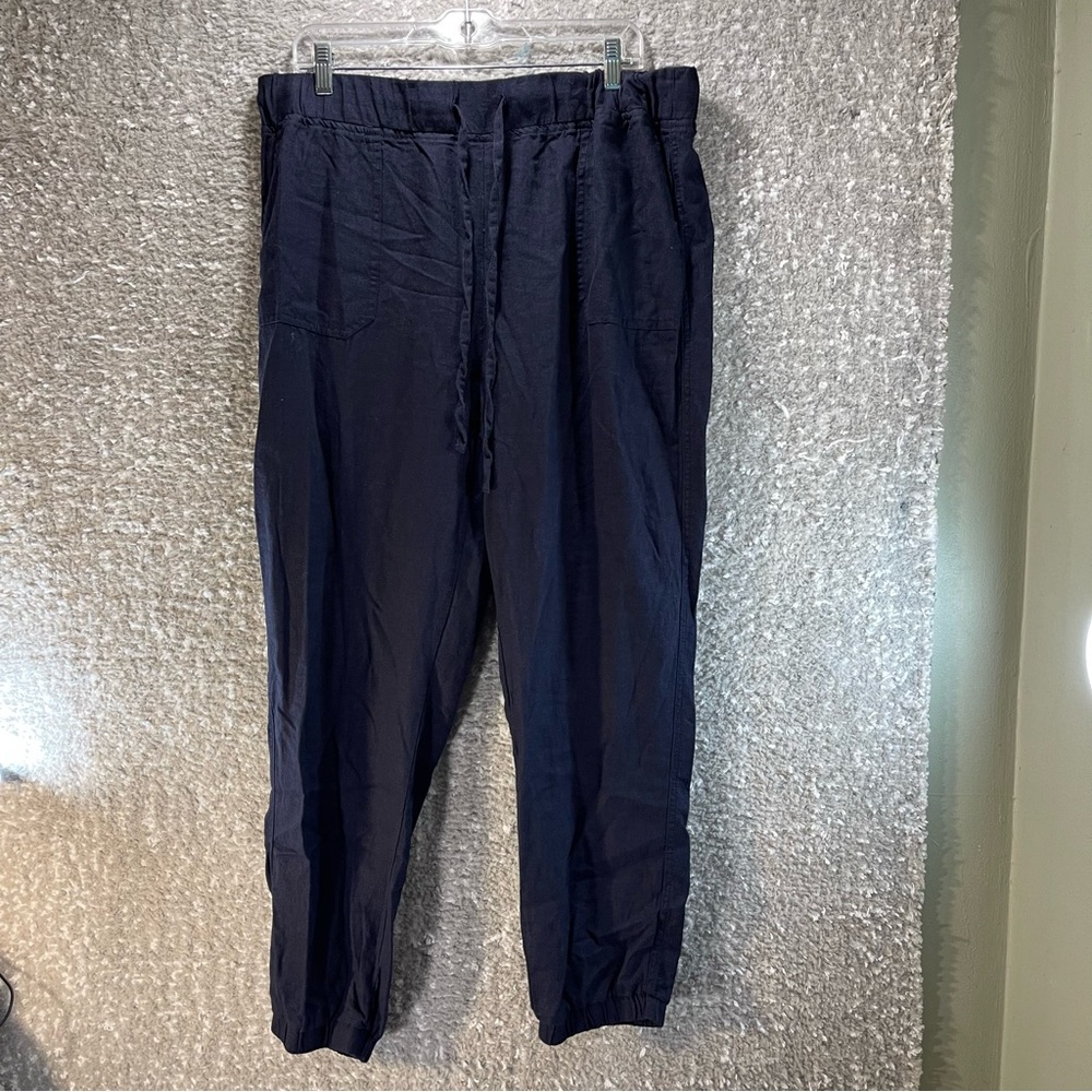 Perse Size Large Navy Black Linen Viscose Blend Jogger Pants w/ Pockets